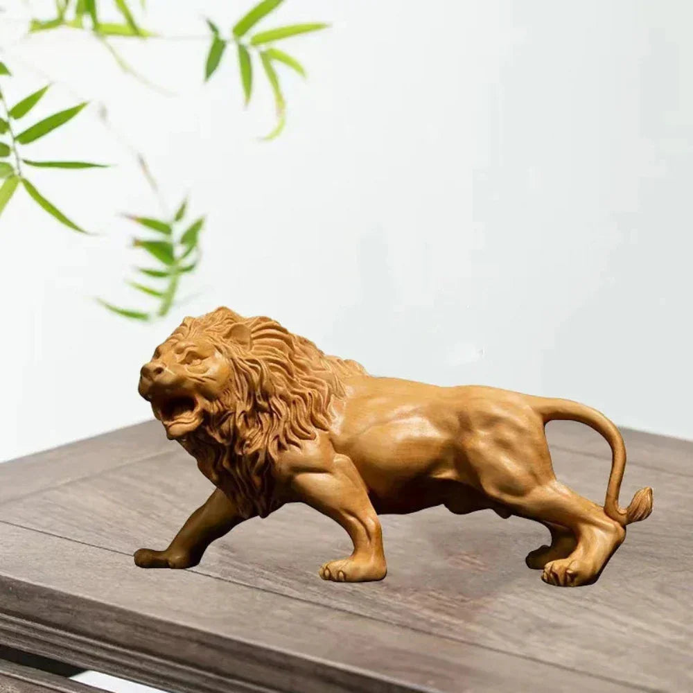 Lion Sculpture - Hand-carved Wooden Brown, front view - House Of Avana