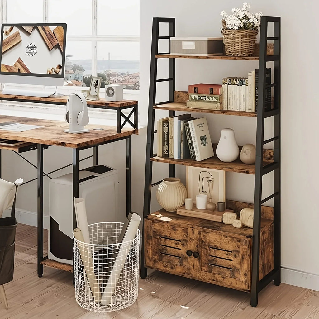 Bookshelf with Louvered Doors, 3-tier Ladder Shelf with Cabinet Industrial Accent Furniture for Bedroom... - House Of Avana