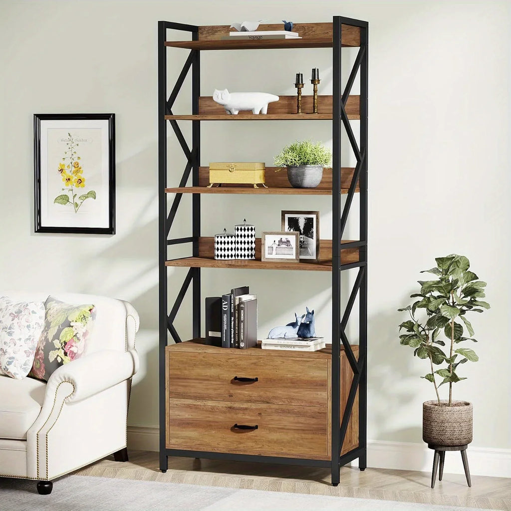 Bookshelf with Drawers, 70.8" Industrial Bookcase with Drawers, Shelf Open Shelf for Storage, Wood Book... - House Of Avana