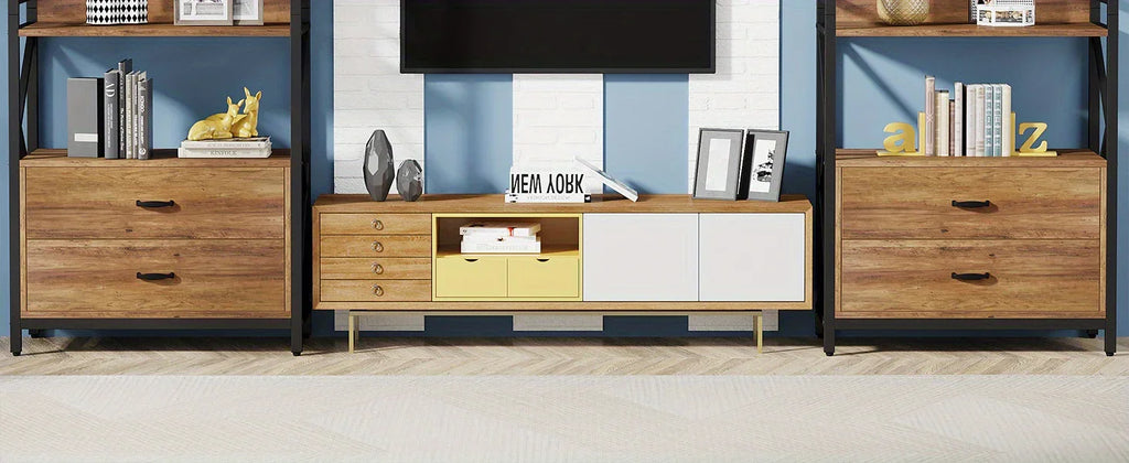 Bookshelf with Drawers, 70.8" Industrial Bookcase with Drawers, Shelf Open Shelf for Storage, Wood Book... - House Of Avana