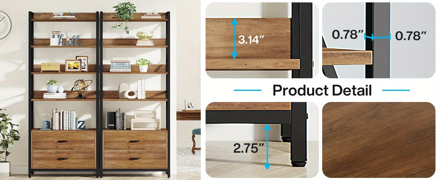 Bookshelf with Drawers, 70.8" Industrial Bookcase with Drawers, Shelf Open Shelf for Storage, Wood Book... - House Of Avana
