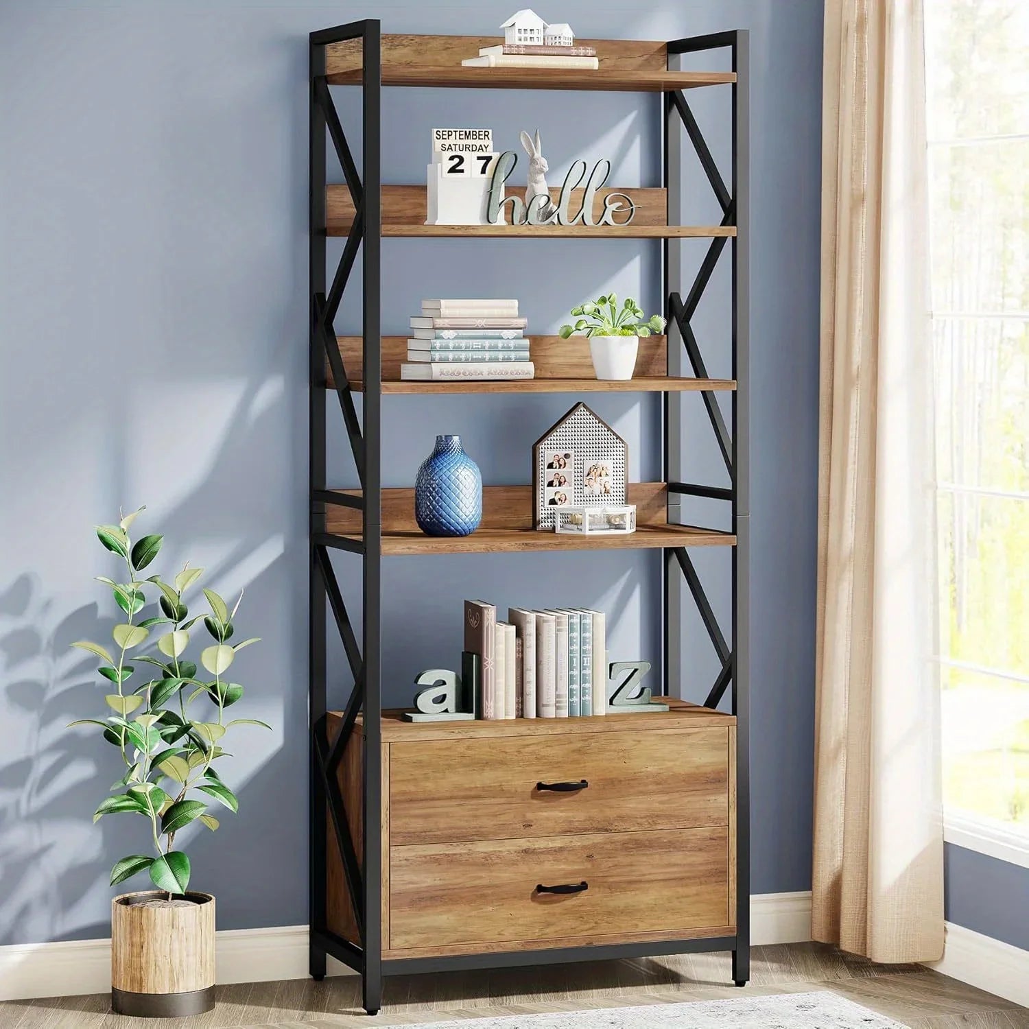 Bookshelf with Drawers, 70.8" Industrial Bookcase with Drawers, Shelf Open Shelf for Storage, Wood Book... - House Of Avana