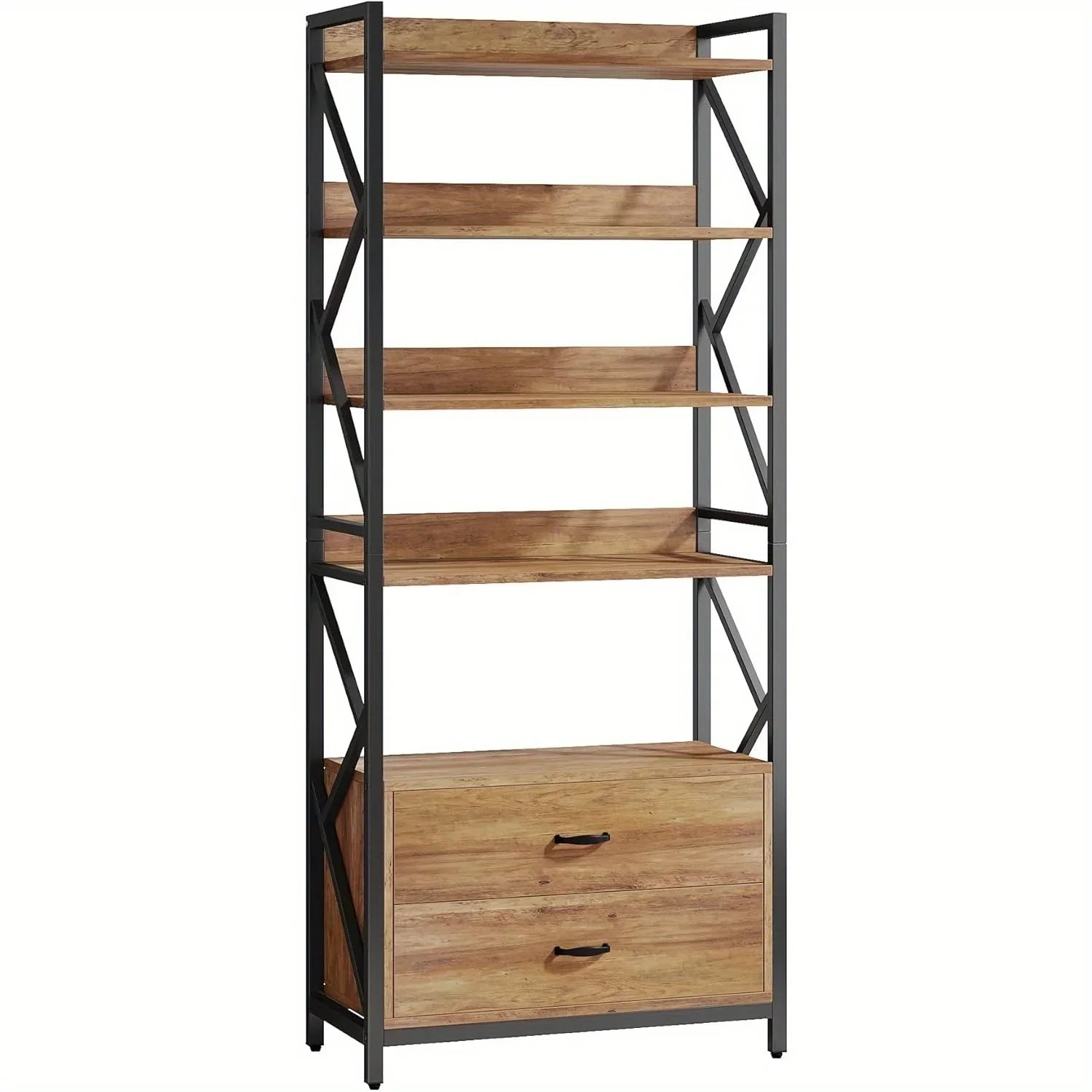 Bookshelf with Drawers, 70.8" Industrial Bookcase with Drawers, Shelf Open Shelf for Storage, Wood Book... - House Of Avana