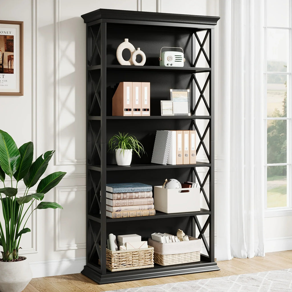 71 Inch Industrial 6-tier Bookcase - Sturdy Wood & Metal X-pattern Design, 75lb Capacity Shelves, Easy... - House Of Avana
