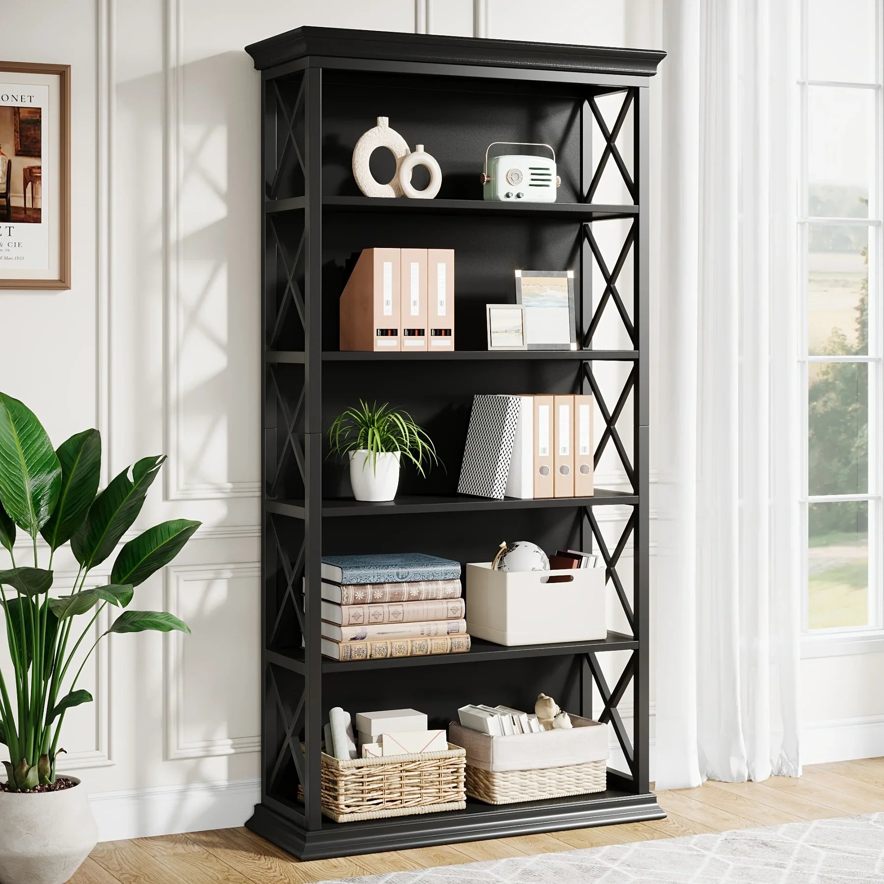 71 Inch Industrial 6-tier Bookcase - Sturdy Wood & Metal X-pattern Design, 75lb Capacity Shelves, Easy... - House Of Avana