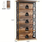 71 Inch Industrial 6-tier Bookcase - Sturdy Wood & Metal X-pattern Design, 75lb Capacity Shelves, Easy... - House Of Avana