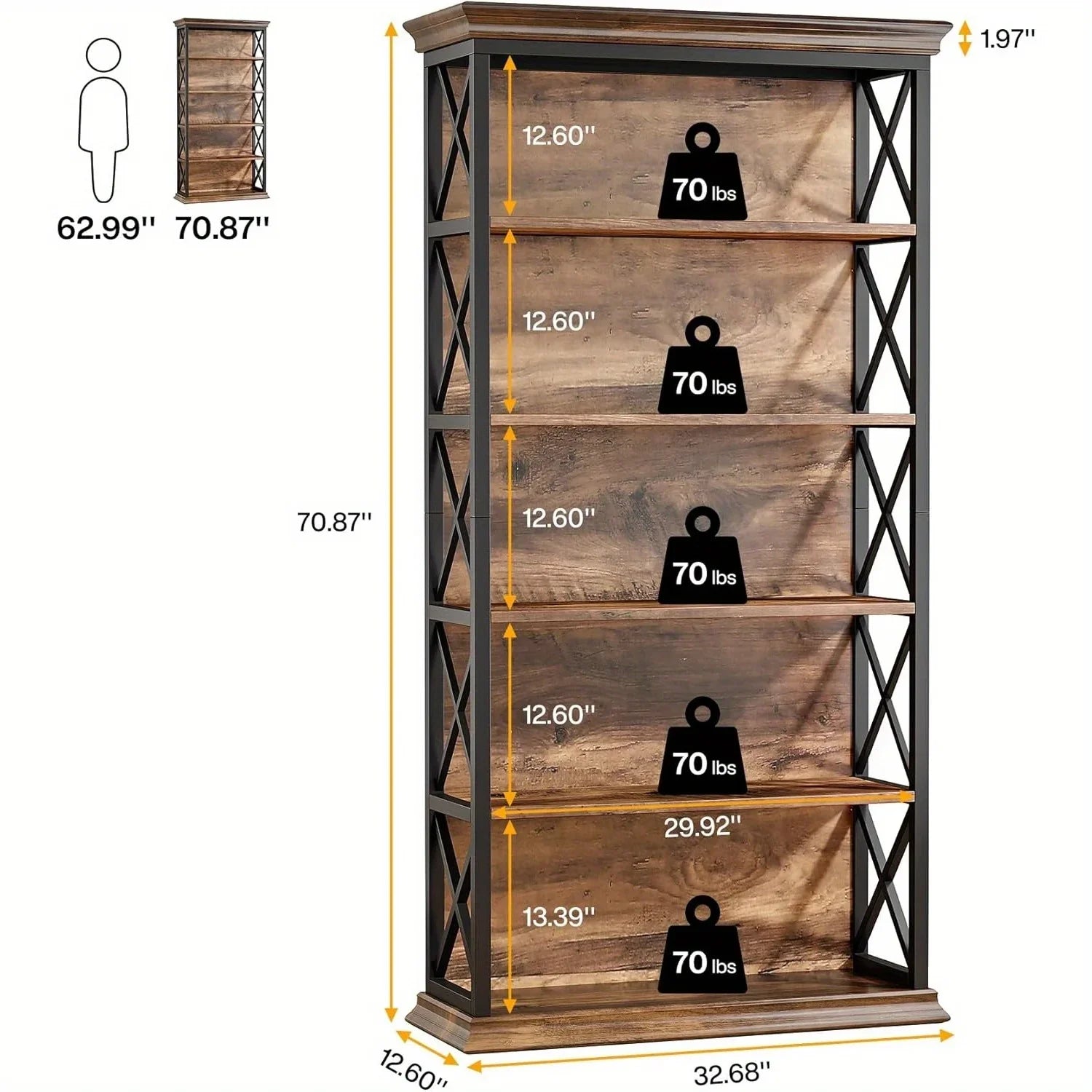 71 Inch Industrial 6-tier Bookcase - Sturdy Wood & Metal X-pattern Design, 75lb Capacity Shelves, Easy... - House Of Avana