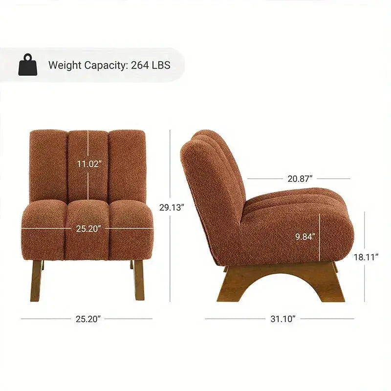 Front and side view dimensions diagram of a brown sherpa chair with an arched wooden base.