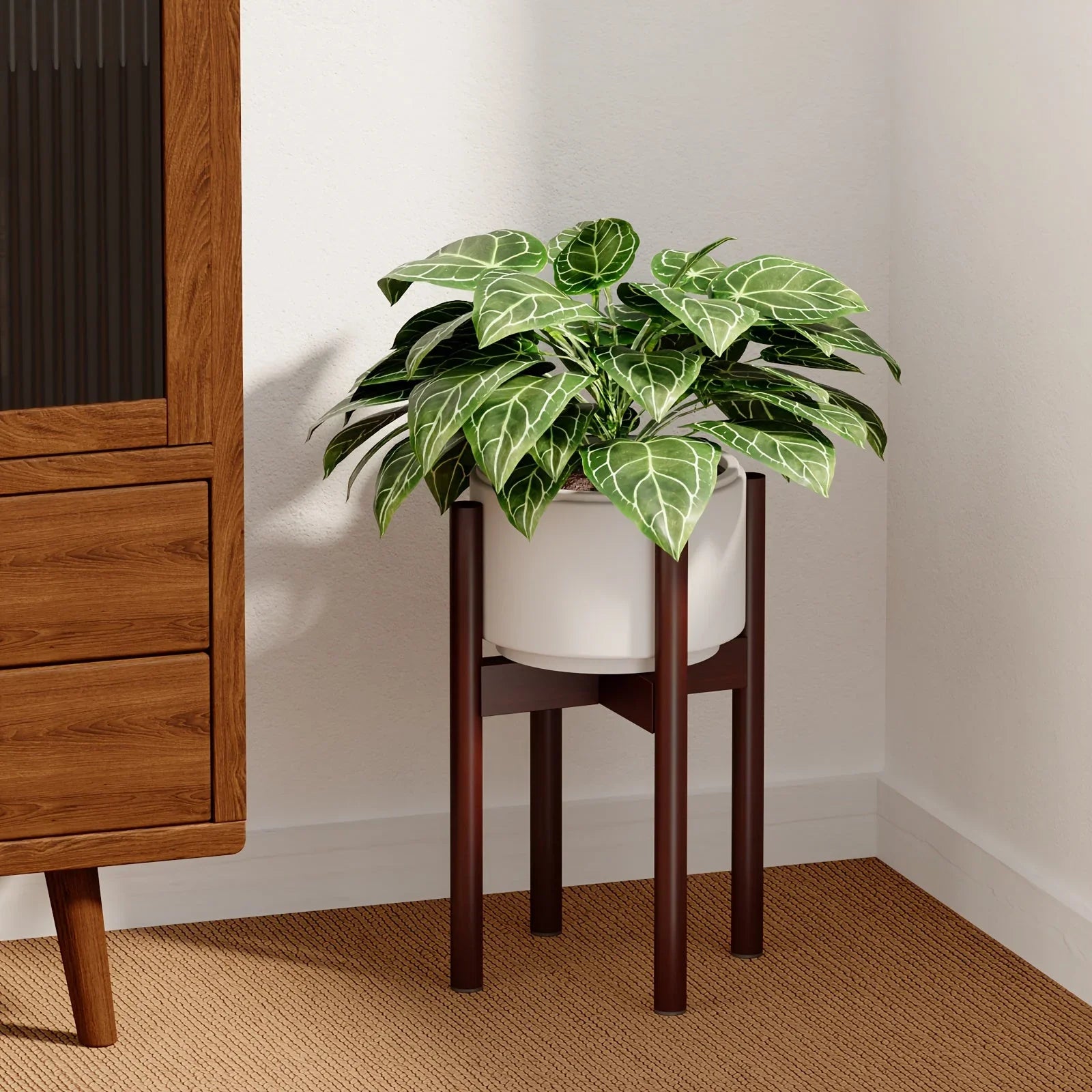 Bamboo Adjustable Plant Stand, 8-12 Inches, Reddish Brown Indoor Planter, back view - House Of Avana