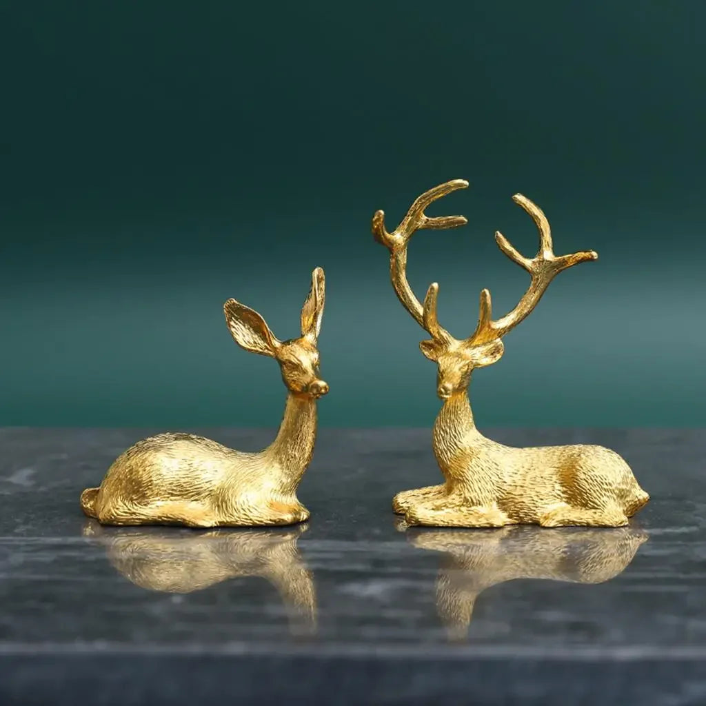 Deer Statue - Brown Elk Couple Shelf Sculpture, back view - House Of Avana