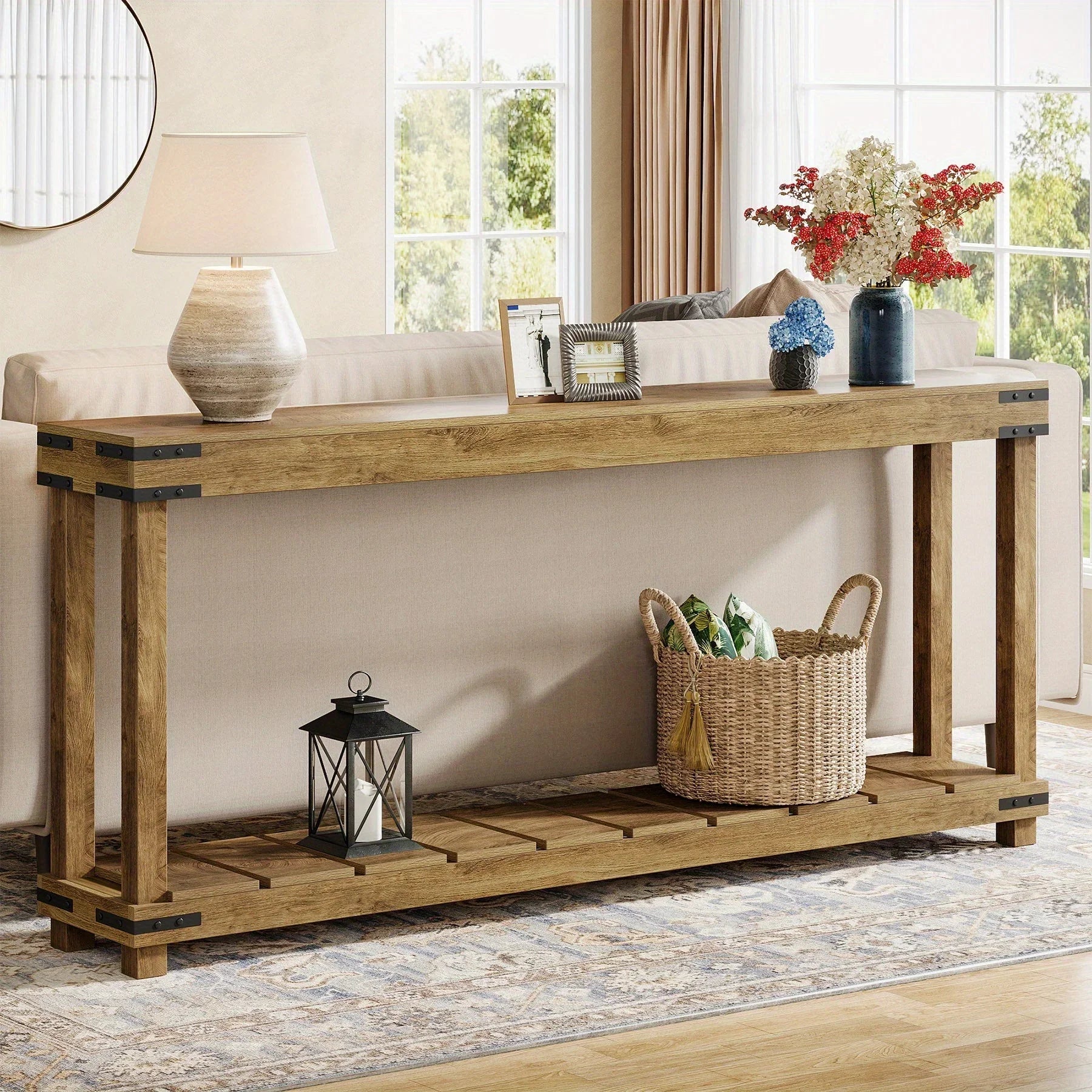 Farmhouse 70.9" Extra Long Console Table - Rustic Brown Engineered Wood Sofa Table with 2-tier Storage... - House Of Avana