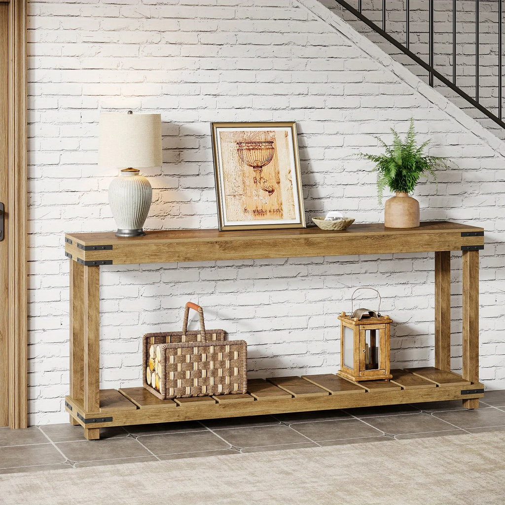 Farmhouse 70.9" Extra Long Console Table - Rustic Brown Engineered Wood Sofa Table with 2-tier Storage... - House Of Avana