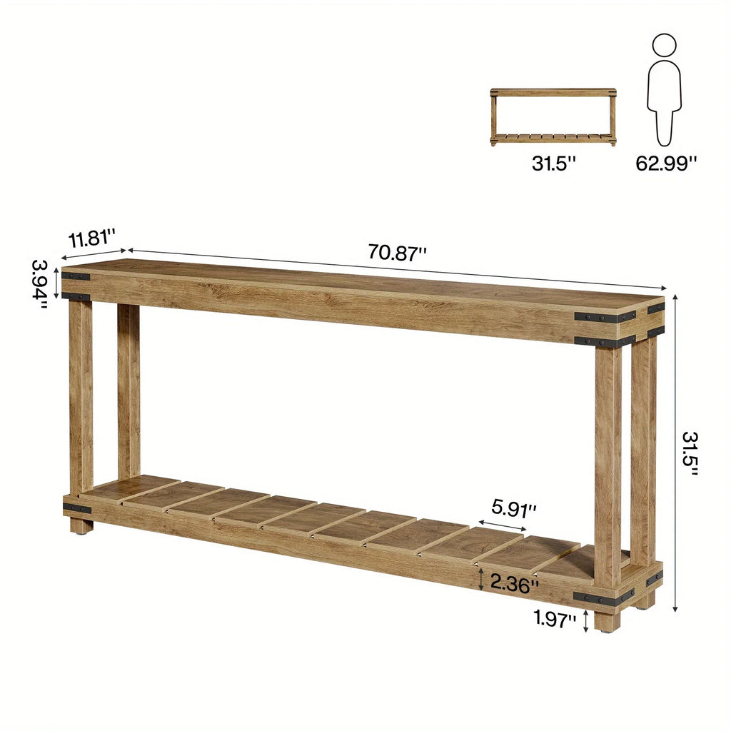 Farmhouse 70.9" Extra Long Console Table - Rustic Brown Engineered Wood Sofa Table with 2-tier Storage... - House Of Avana