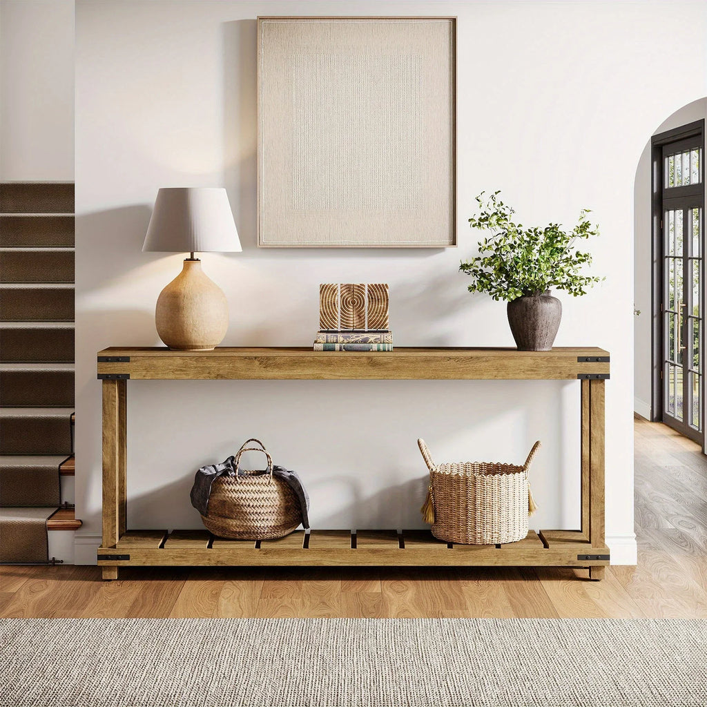 Farmhouse 70.9" Extra Long Console Table - Rustic Brown Engineered Wood Sofa Table with 2-tier Storage... - House Of Avana