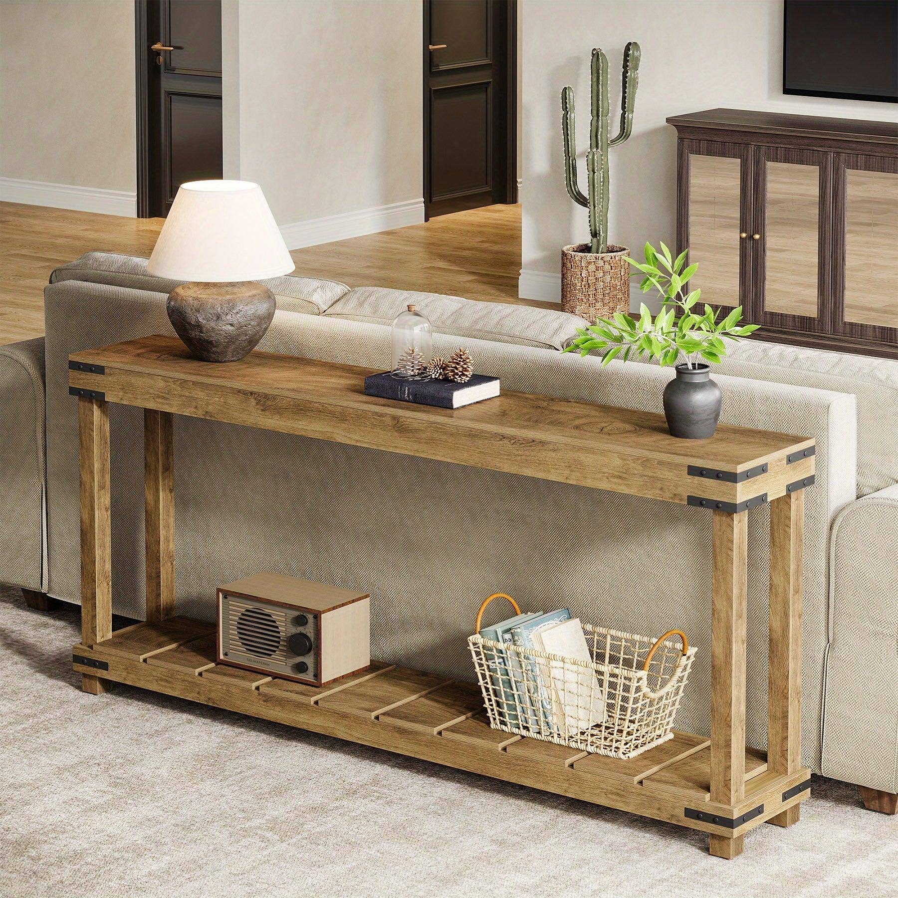 Farmhouse 70.9" Extra Long Console Table - Rustic Brown Engineered Wood Sofa Table with 2-tier Storage... - House Of Avana
