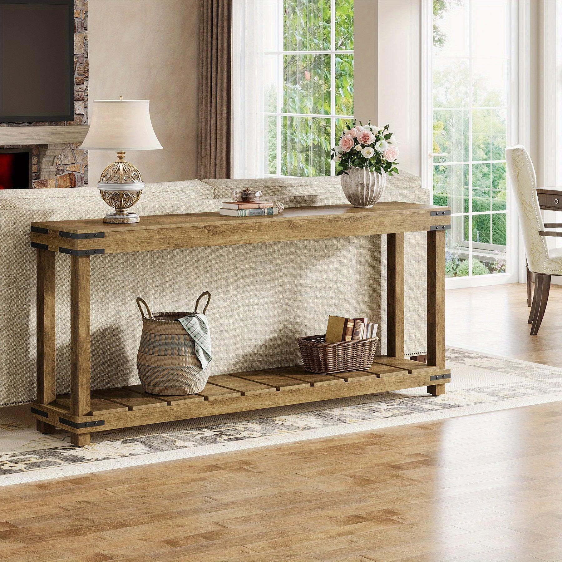 Farmhouse 70.9" Extra Long Console Table - Rustic Brown Engineered Wood Sofa Table with 2-tier Storage... - House Of Avana