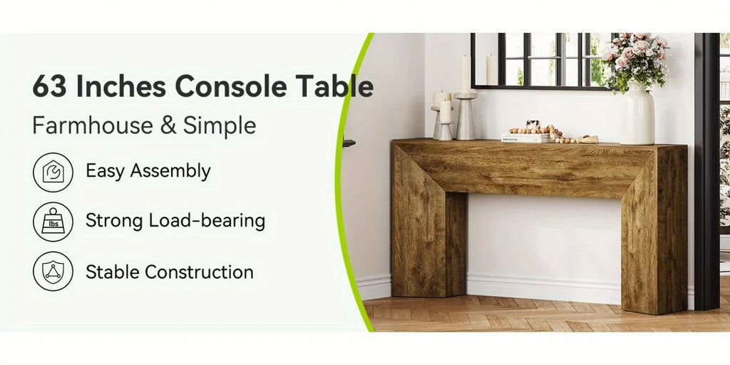 63" Extra Long Brown Wooden Console Table for Entryway - Modern Rustic Style, Engineered Wood Top, Easy... - House Of Avana