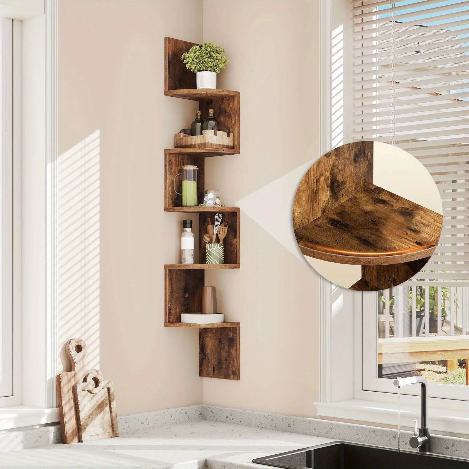 Wall Shelves - 5-tier Brown Corner, lifestyle image - House Of Avana