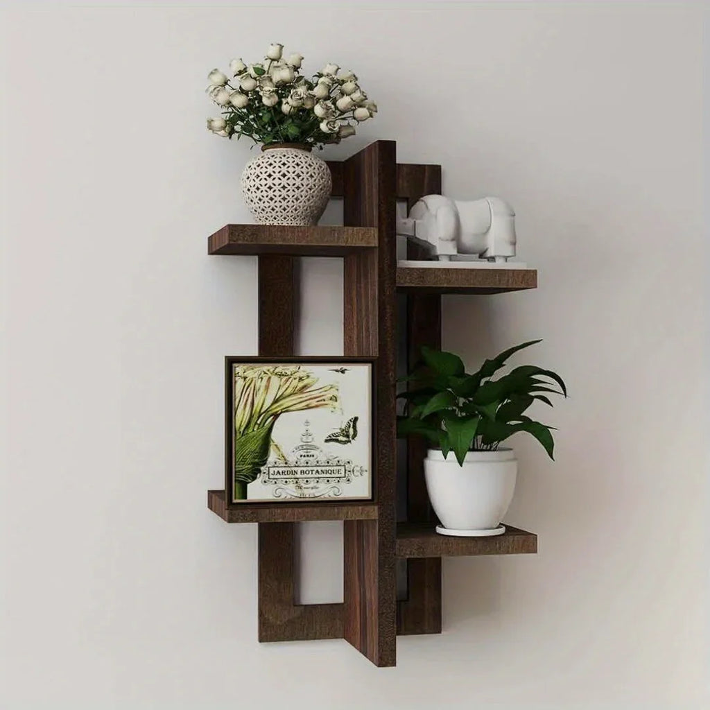 Brown wooden floating shelves mounted on wall, rustic wood décor - House of Avana