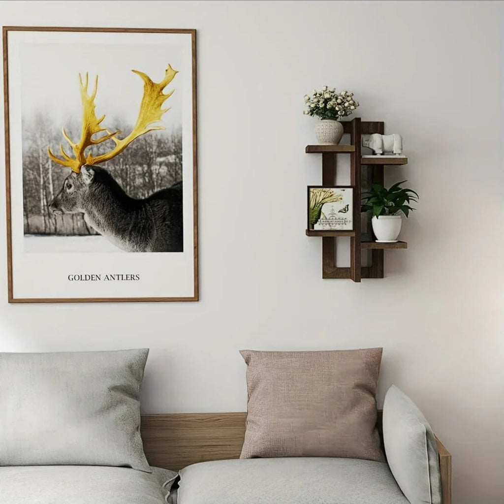 Brown Wall Mounted Floating Wood Shelves, angled view - House Of Avana