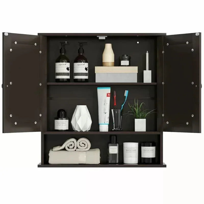 Brown Wooden Bathroom Wall / Medicine Cabinet with Mirrored Doors and Shelf