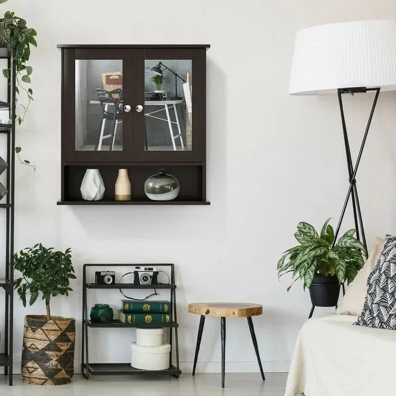 Brown Wooden Bathroom Wall / Medicine Cabinet with Mirrored Doors and Shelf