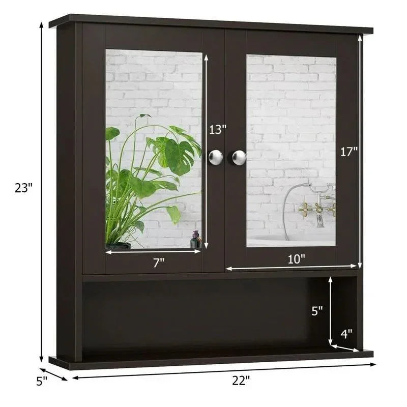 Brown Wooden Bathroom Wall / Medicine Cabinet with Mirrored Doors and Shelf