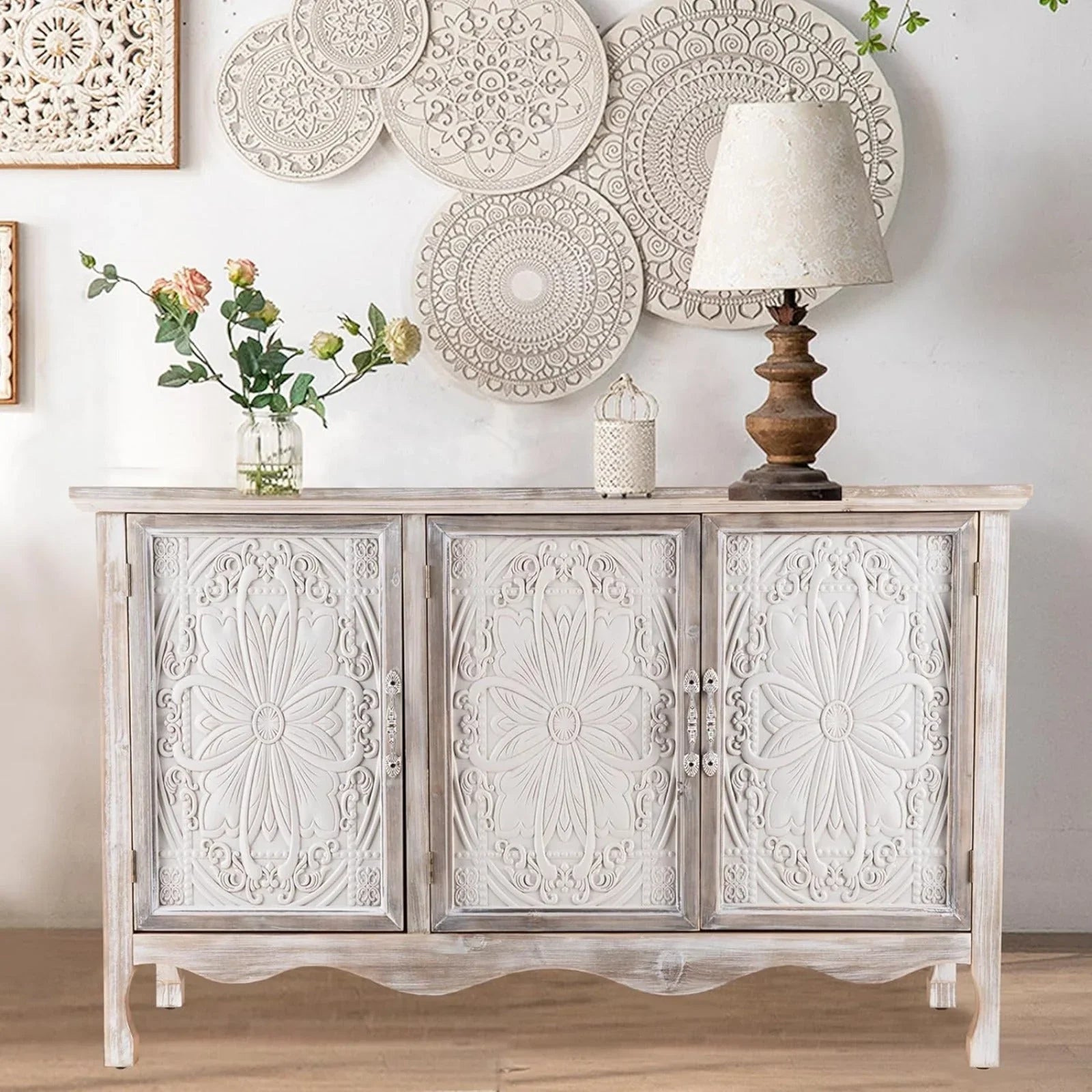 RoyalCraft Farmhouse Buffet Cabinet - Vintage Two-Door Sideboard with Antique look, Hardwood Construction Freestanding Storage for Dining Room, Living Room, Kitchen - Rustic Farmhouse Furniture, Country Kitchen Decor, Classic House Of Avana