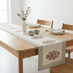 Burgundy & Charcoal table runner styled in minimal dining scene | Jaipur handicraft aesthetics handmade table runners napkins table mats India natural colors hand block | House of Avana