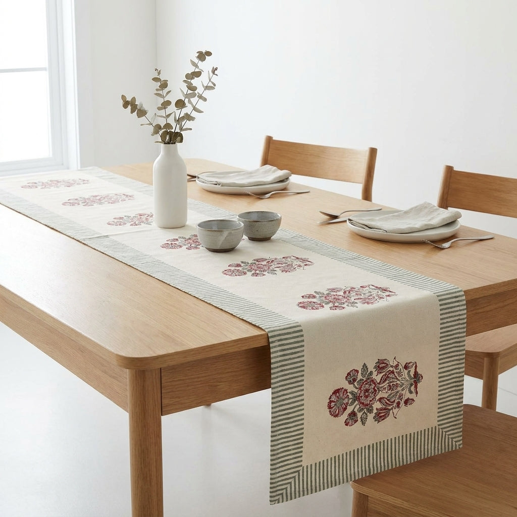 Burgundy & Charcoal table runner styled in minimal dining scene | Jaipur handicraft aesthetics handmade table runners napkins table mats India natural colors hand block | House of Avana