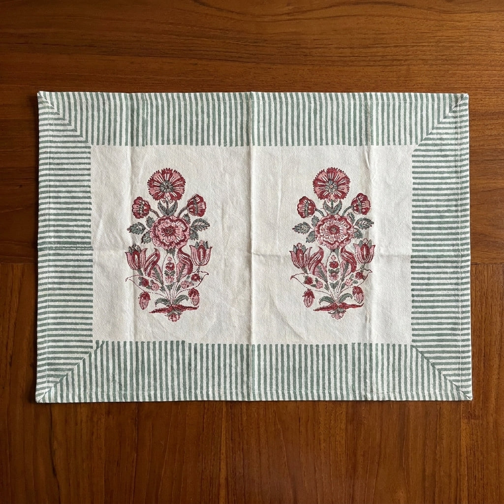 Burgundy & Charcoal hand block printed napkin detail | handmade Jaipur handicraft table runners table mats napkins hand block India natural colors aesthetics | House of Avana
