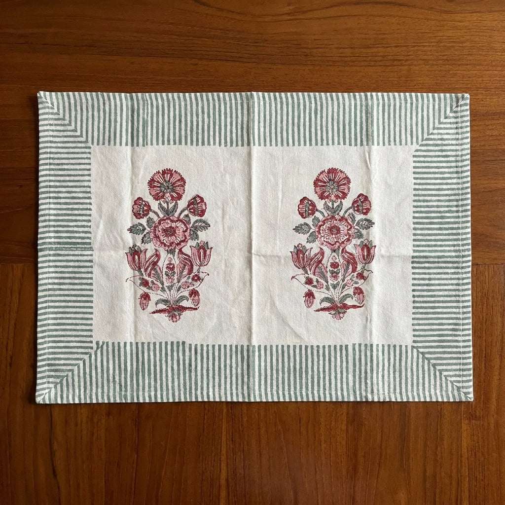 Burgundy & Charcoal hand block printed napkin detail | handmade Jaipur handicraft table runners table mats napkins hand block India natural colors aesthetics | House of Avana [[SKU:HOA-TR-BUCH-002]]