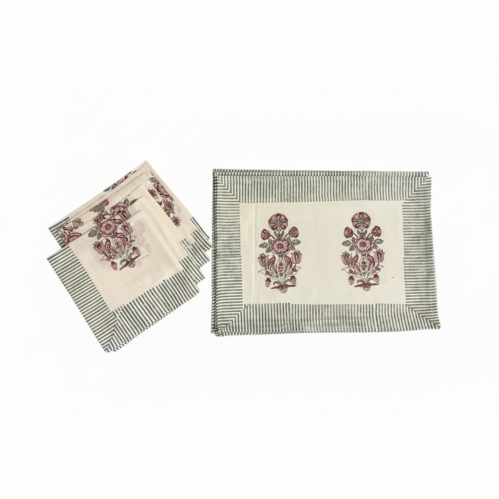 Burgundy & Charcoal handmade 13-piece cotton table linen set | hand block printed table runners napkins table mats Jaipur handmade handicraft India natural colors | House of Avana