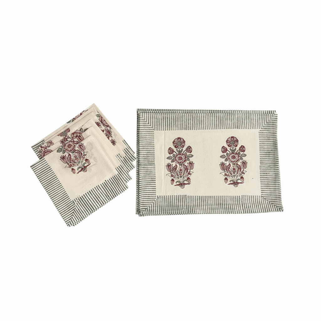Burgundy & Charcoal handmade 13-piece cotton table linen set | hand block printed table runners napkins table mats Jaipur handmade handicraft India natural colors | House of Avana [[SKU:HOA-TR-BUCH-002]]