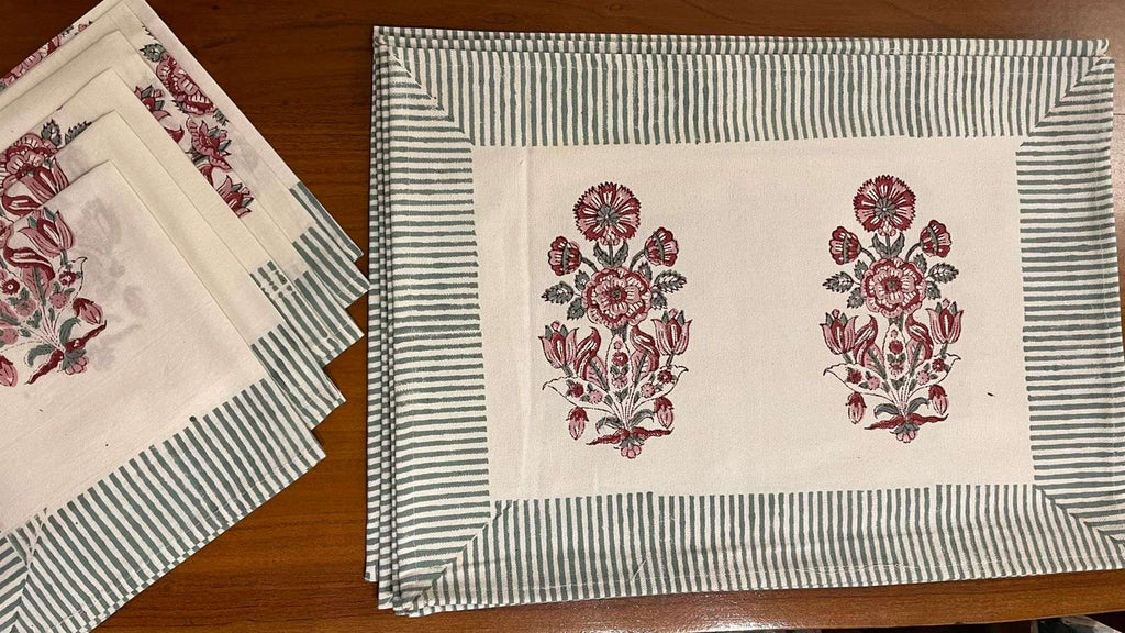 Burgundy & Charcoal Sanganer hand block printed table mats and napkins | handmade Jaipur handicraft table runners table mats napkins hand block India natural colors aesthetics | House of Avana [[SKU:HOA-TR-BUCH-002]]