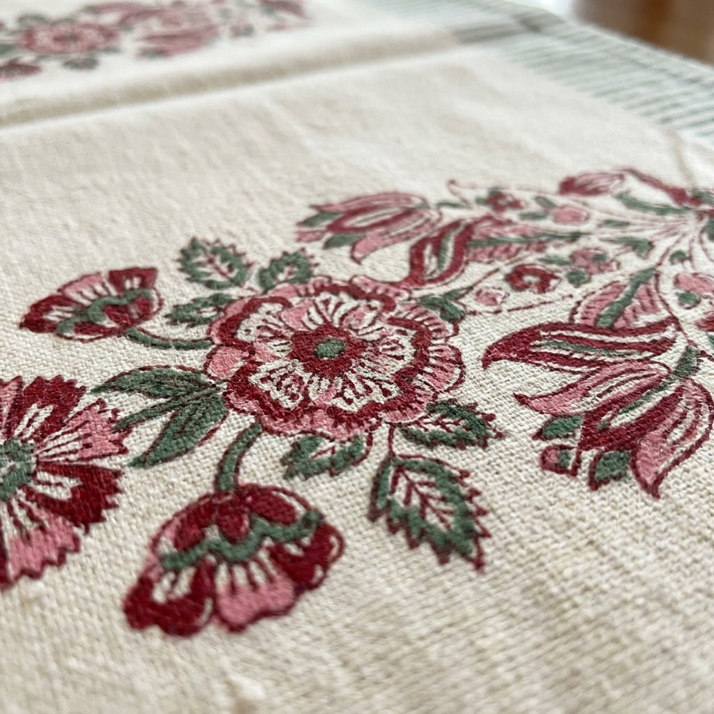 Burgundy & Charcoal Indian floral print fabric texture close-up | hand block printed table runners napkins table mats Jaipur handmade handicraft India natural colors | House of Avana