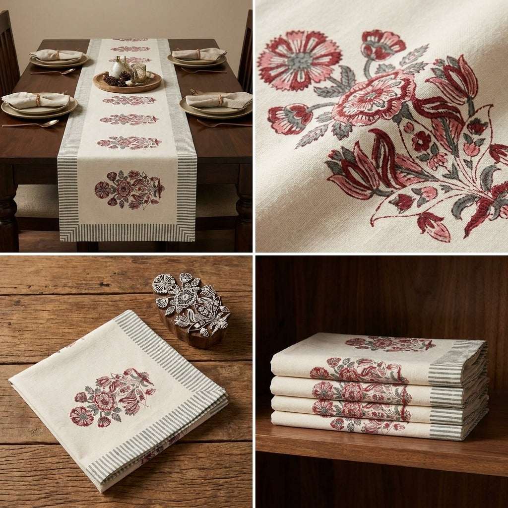 Burgundy & Charcoal Jaipur hand block printed Indian textile detail | handmade Jaipur handicraft table runners table mats napkins hand block India natural colors aesthetics | House of Avana [[SKU:HOA-TR-BUCH-002]]