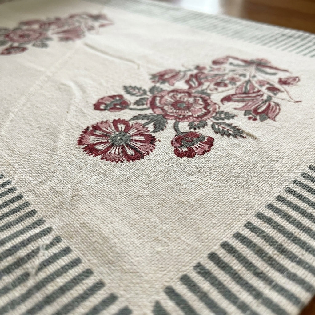 Burgundy & Charcoal Indian floral print fabric texture close-up | India natural colors hand block table runners napkins table mats Jaipur handmade aesthetics handicraft | House of Avana