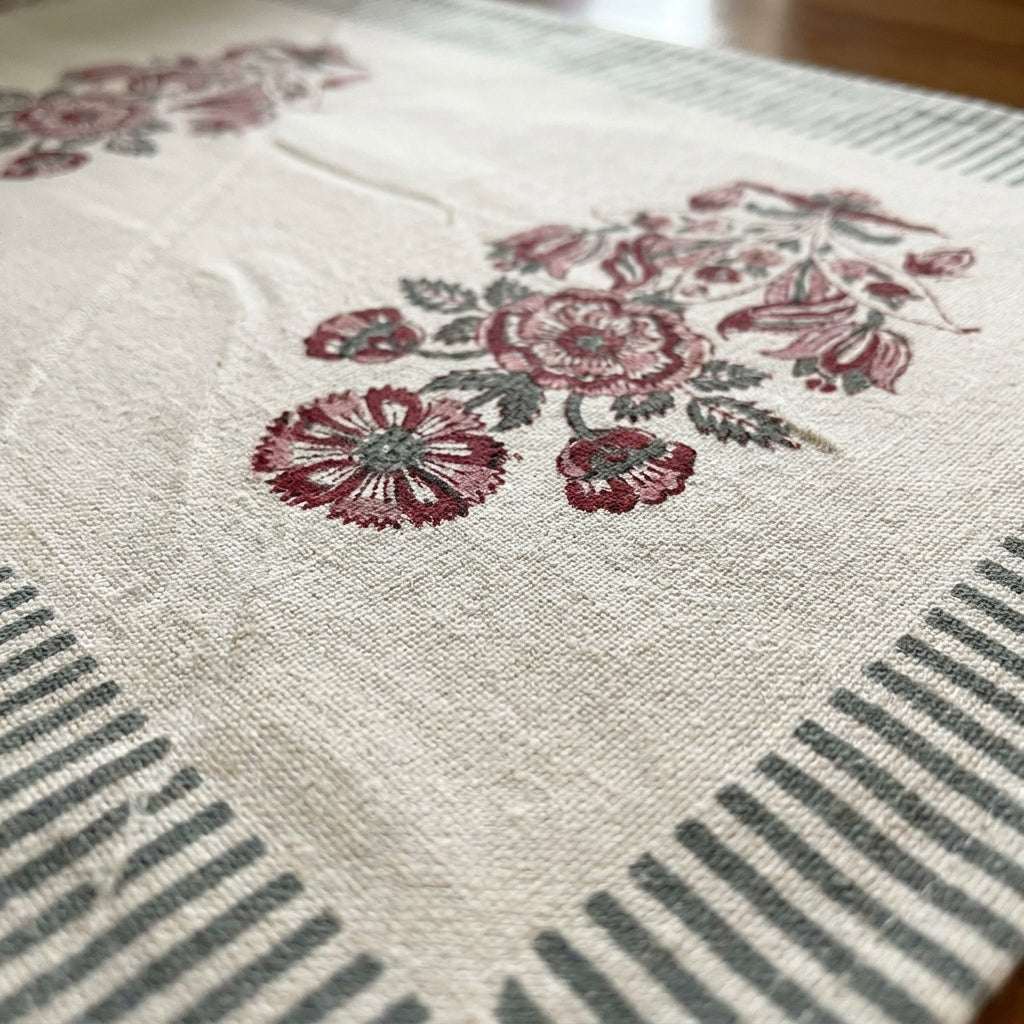 Burgundy & Charcoal Indian floral print fabric texture close-up | India natural colors hand block table runners napkins table mats Jaipur handmade aesthetics handicraft | House of Avana [[SKU:HOA-TR-BUCH-002]]