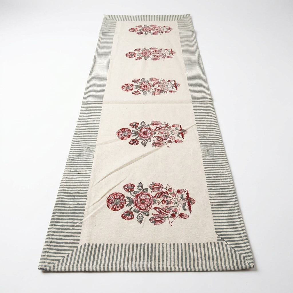 Burgundy & Charcoal Sanganer handmade cotton table runner | handmade Jaipur handicraft table runners table mats napkins hand block India natural colors aesthetics | House of Avana
