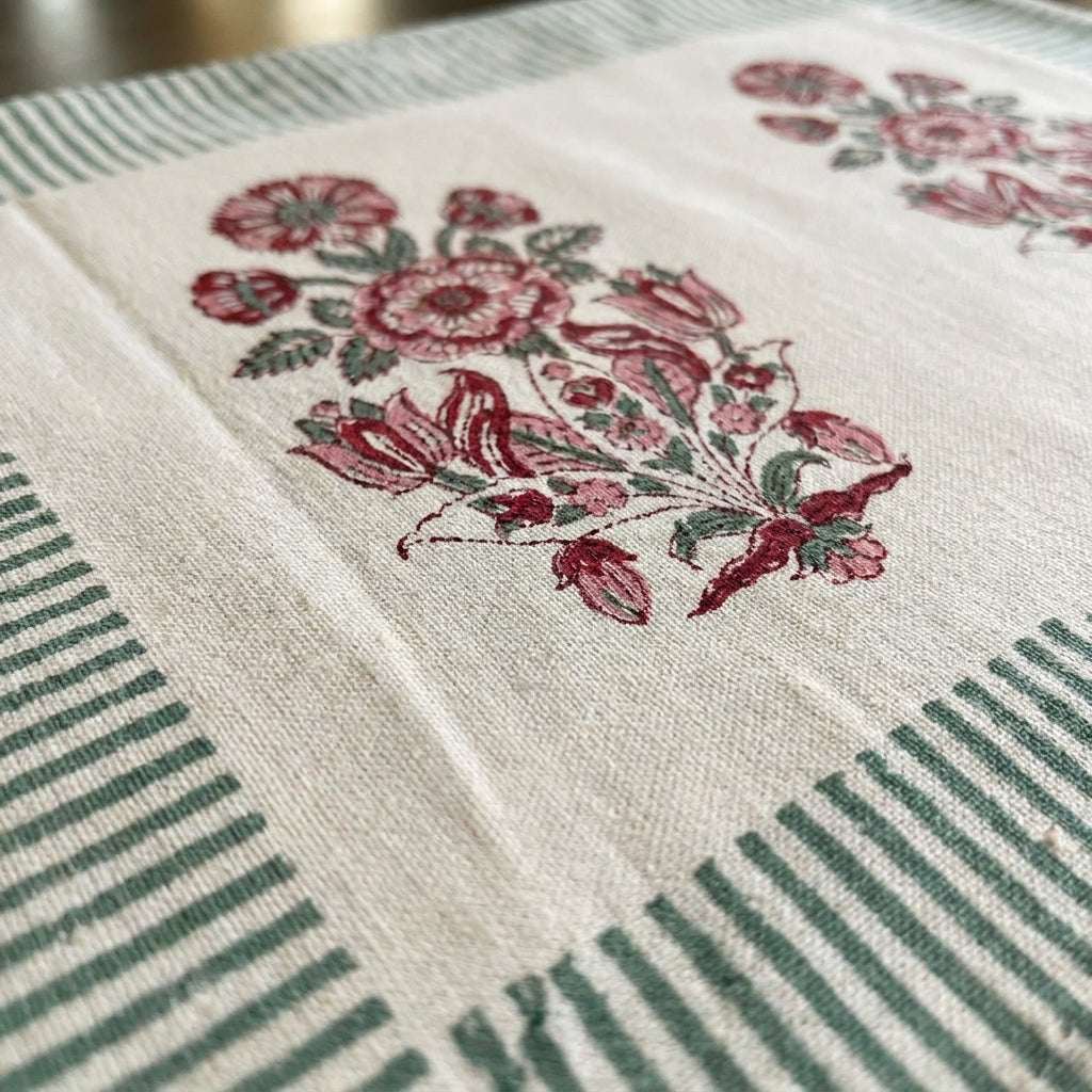 Burgundy & Charcoal Indian floral print fabric texture close-up | Jaipur handicraft aesthetics handmade table runners napkins table mats India natural colors hand block | House of Avana [[SKU:HOA-TR-BUCH-002]]
