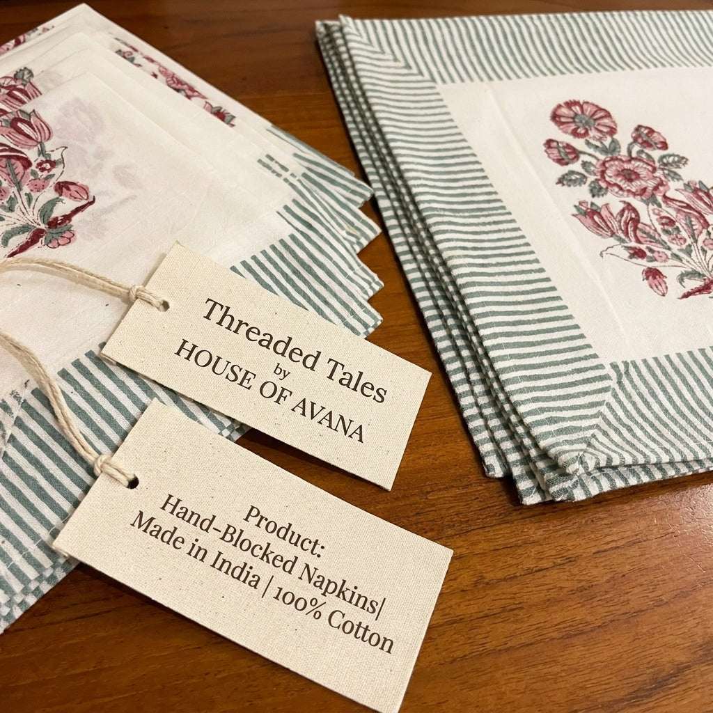 Burgundy & Charcoal cotton fabric with artisan product tags | hand block printed table runners napkins table mats Jaipur handmade handicraft India natural colors | House of Avana [[SKU:HOA-TR-BUCH-002]]
