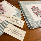 Burgundy & Charcoal cotton fabric with artisan product tags | hand block printed table runners napkins table mats Jaipur handmade handicraft India natural colors | House of Avana [[SKU:HOA-TR-BUCH-002]]