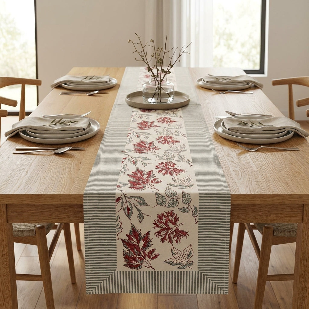 Burgundy & Slate Blue table runner on oak dining table | India natural colors hand block table runners napkins table mats Jaipur handmade aesthetics handicraft | House of Avana