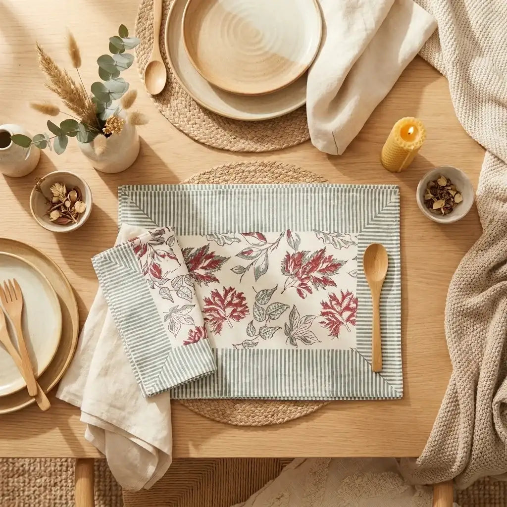 Burgundy & Slate Blue full table linen set styled on dining table | India natural colors hand block table runners napkins table mats Jaipur handmade aesthetics handicraft | House of Avana [[SKU:HOA-TR-BUSB-005]]