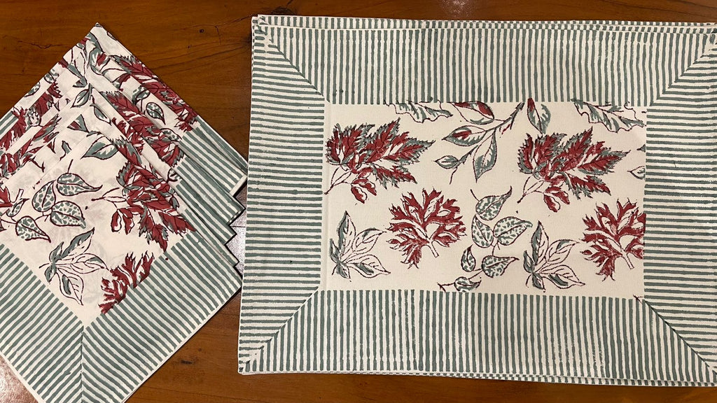 Burgundy & Slate Blue Sanganer hand block printed table mats and napkins | Jaipur handicraft aesthetics handmade table runners napkins table mats India natural colors hand block | House of Avana