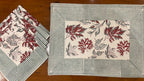 Burgundy & Slate Blue Sanganer hand block printed table mats and napkins | Jaipur handicraft aesthetics handmade table runners napkins table mats India natural colors hand block | House of Avana