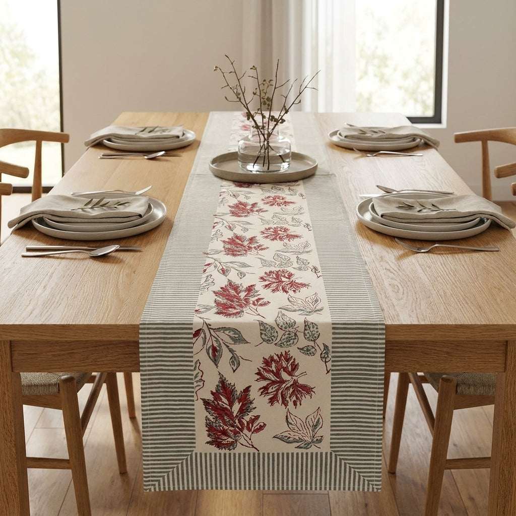 Burgundy & Slate Blue table runner on oak dining table | India natural colors hand block table runners napkins table mats Jaipur handmade aesthetics handicraft | House of Avana [[SKU:HOA-TR-BUSB-005]]