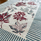 Burgundy & Slate Blue Indian floral print fabric texture close-up | handmade Jaipur handicraft table runners table mats napkins hand block India natural colors aesthetics | House of Avana [[SKU:HOA-TR-BUSB-005]]
