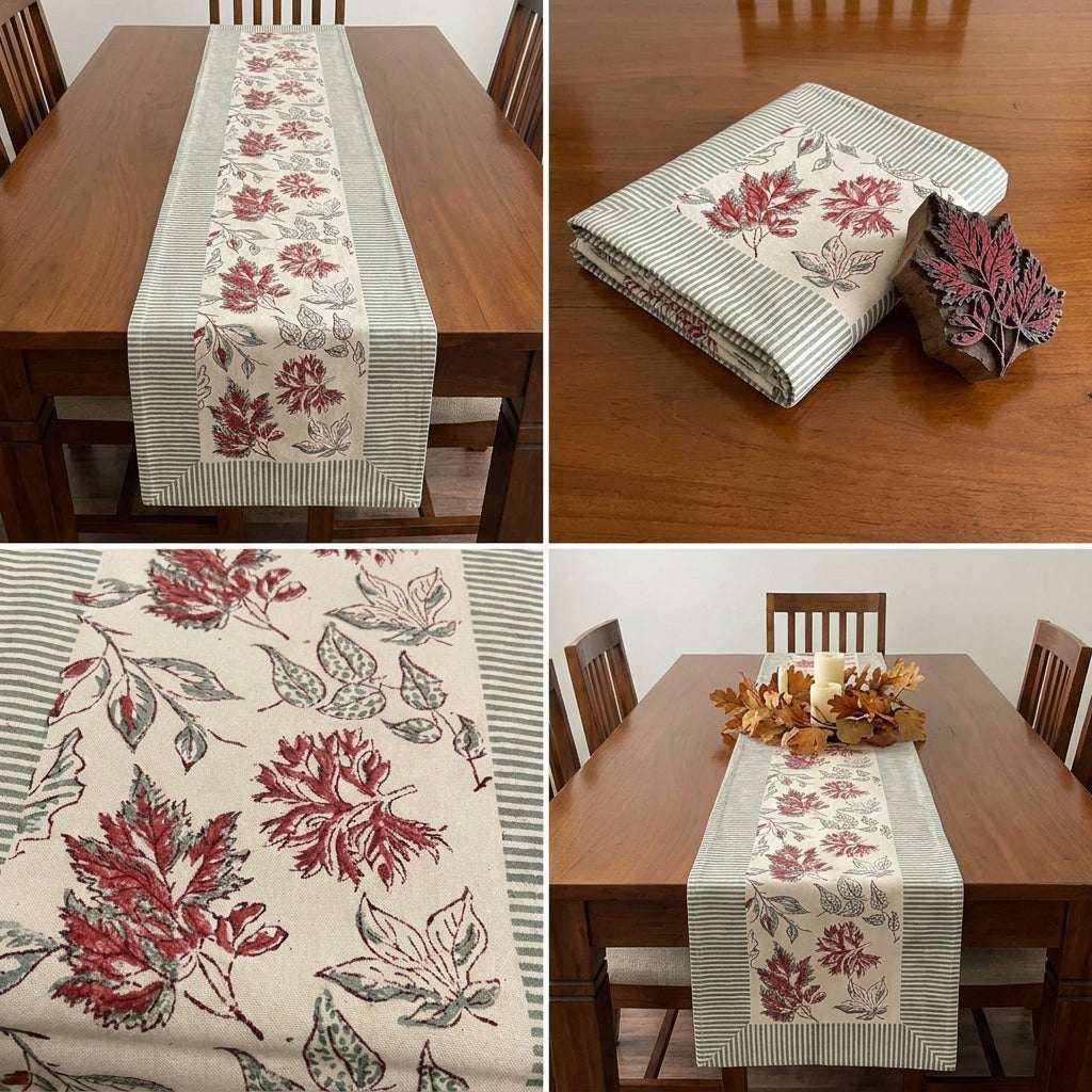 Burgundy & Slate Blue Jaipur hand block printed Indian textile detail | Jaipur handicraft aesthetics handmade table runners napkins table mats India natural colors hand block | House of Avana [[SKU:HOA-TR-BUSB-005]]